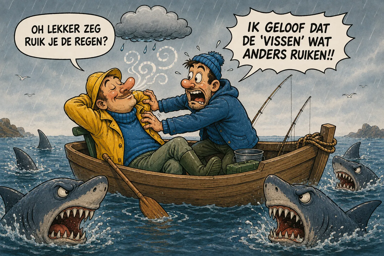 Cartoon: twee vissers in een bootje, de een ruikt de regen terwijl de ander waarschuwt voor de haaien