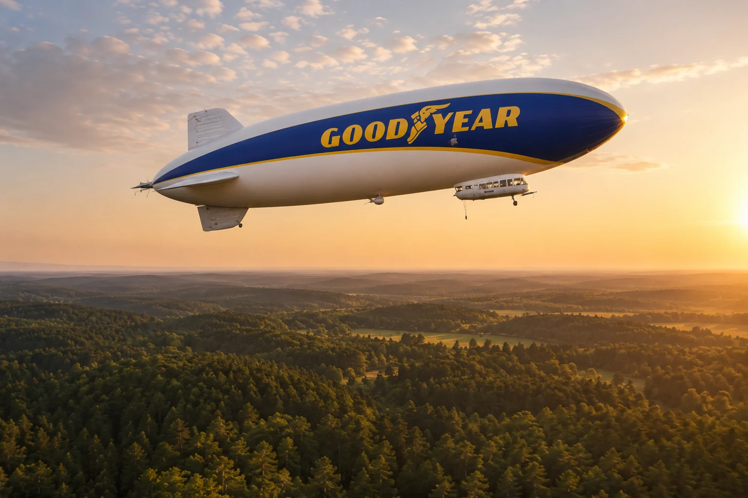 Een zeppelin zweeft laag boven een bosrand in de schemering